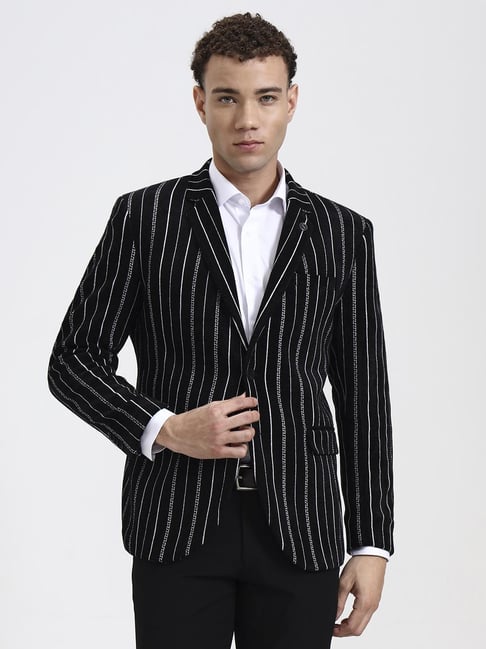 Wyre Black & White Regular Fit Striped Blazer