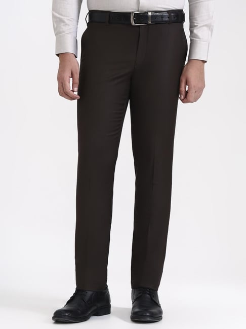 Metal Brown Slim Fit Solid Formal Trousers-picture-45