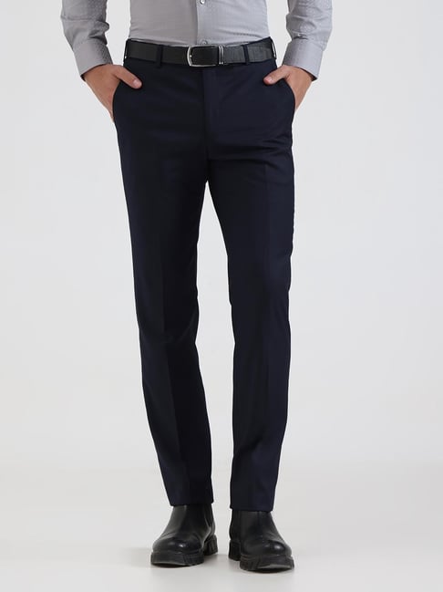 JadeBlue Navy Blue Slim Fit Solid Formal Trousers