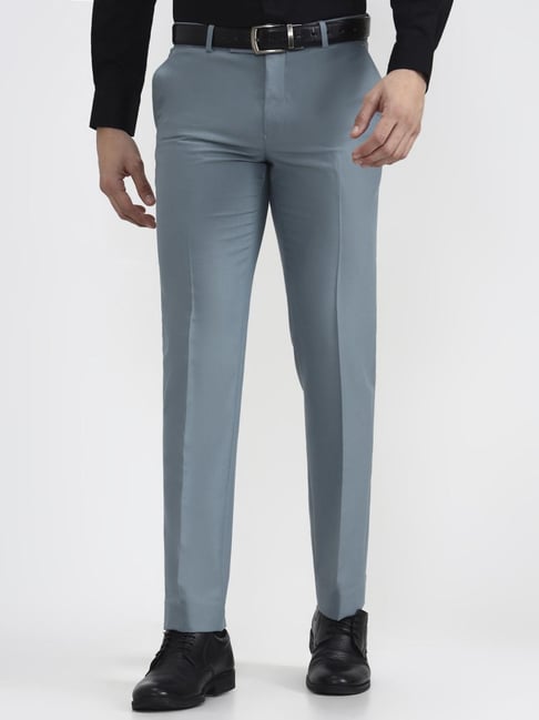 Metal Blue Slim Fit Solid Formal Trousers