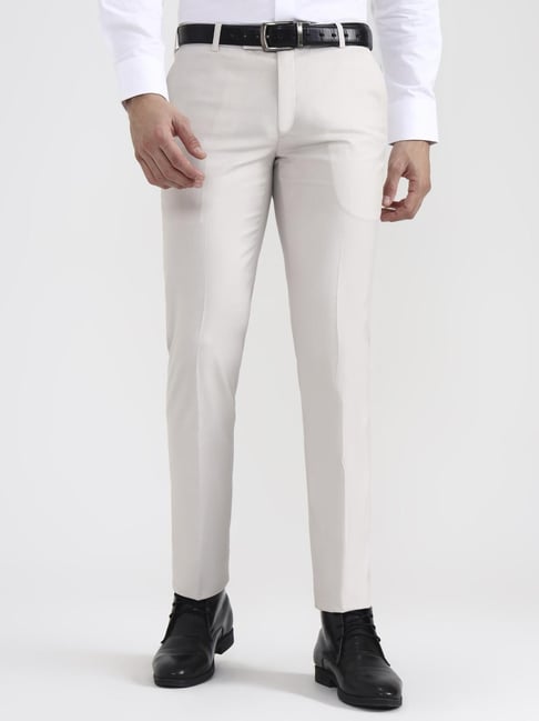 JadeBlue Cream Slim Fit Solid Formal Trousers