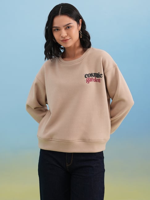 Crimsoune Club Beige Typographic Print Sweatshirt