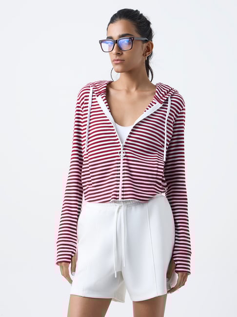 Studiofit by Westside Maroon Striped Hooded Jacket