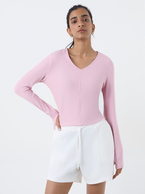 Studiofit by Westside Pink Ribbed-Textured T-Shirt