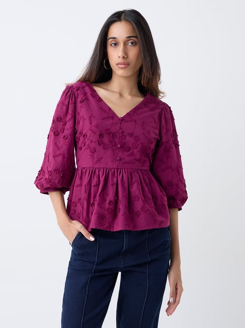 LOV by Westside Plum Floral Embroidered Cotton Peplum Top