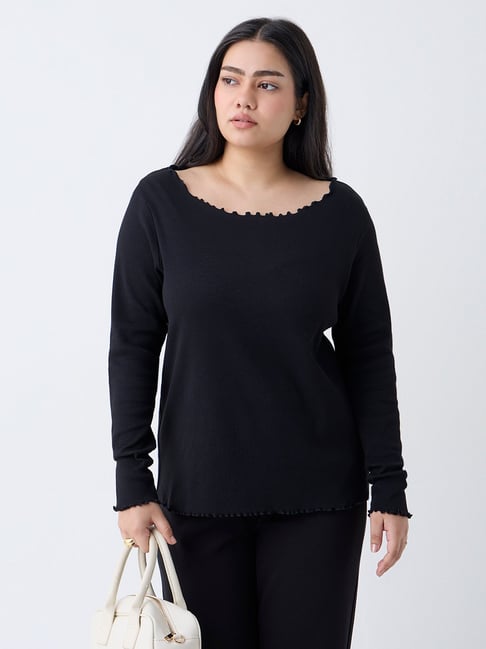 Gia by Westside Black Ribbed-Textured T-Shirt
