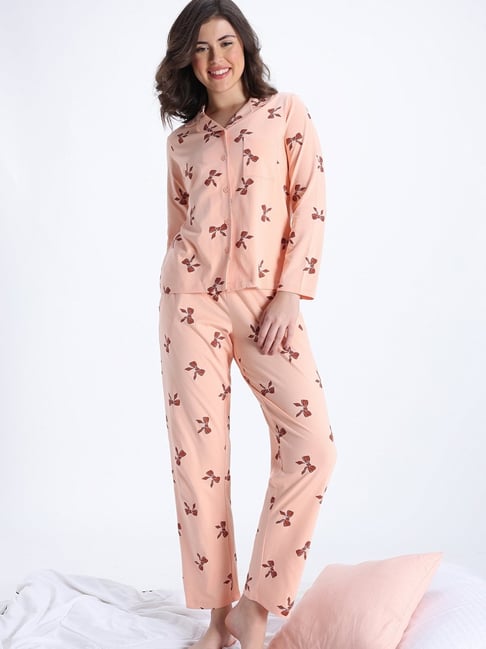 Zivame Peach Cotton Printed Night Suit