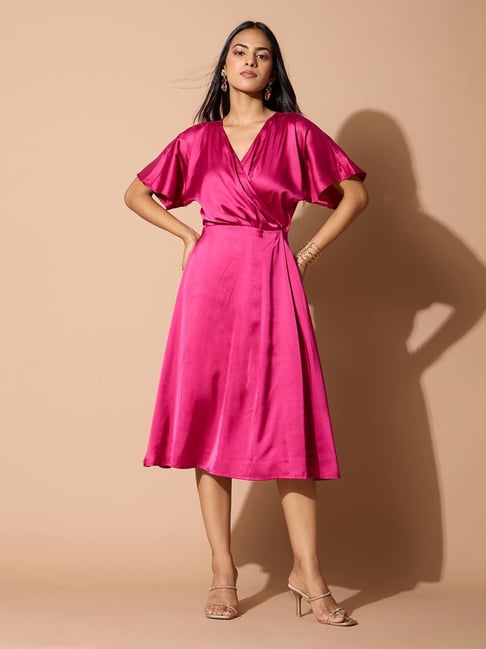 SALT Attire Hot Pink Satin Wrap Dress