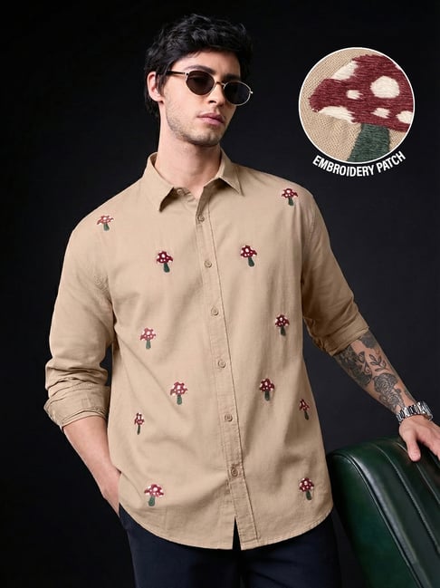 The Souled Store Relaxed-fit Shirt: Mushroom Patch Cotton Linen Shirts