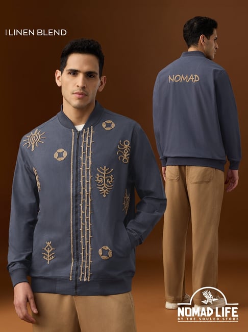 The Souled Store Linen Jacket: Blue Aztec Bomber Jackets-picture-12