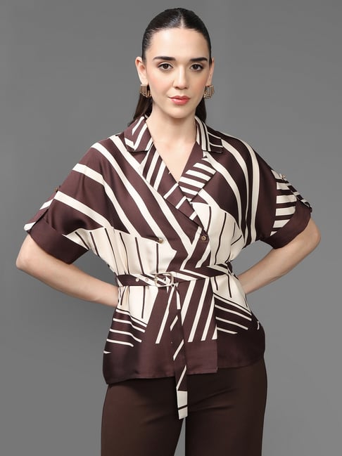 Kazo Brown Geometric Short Sleeves Maria Blouse