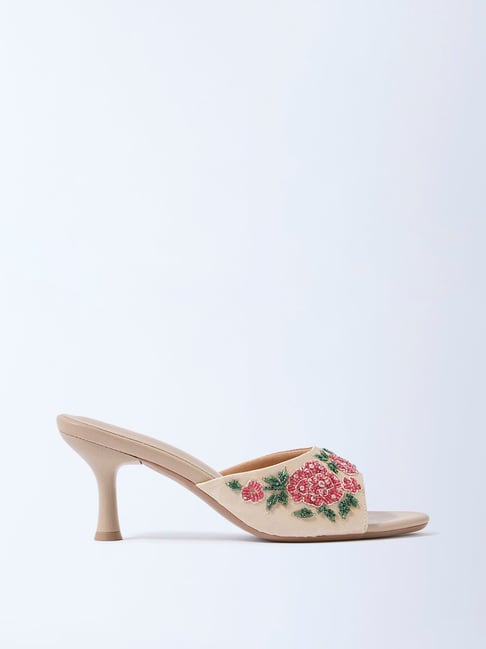 LUNA BLU by Westside Beige Floral Embroidered Heel Sandals