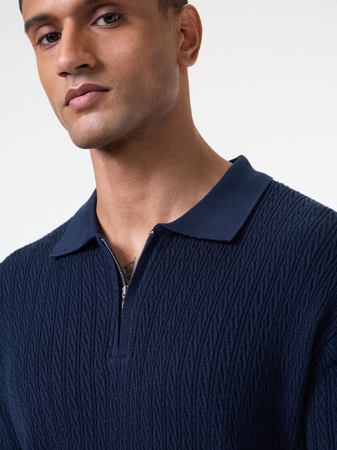 The Souled Store Jacquard Polo: Midnight Wave Zipper Polos
