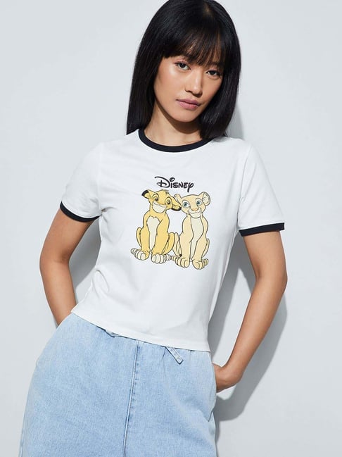 Ginger By Lifestyle Off White Cotton Regular Fit Printed T-Shirt