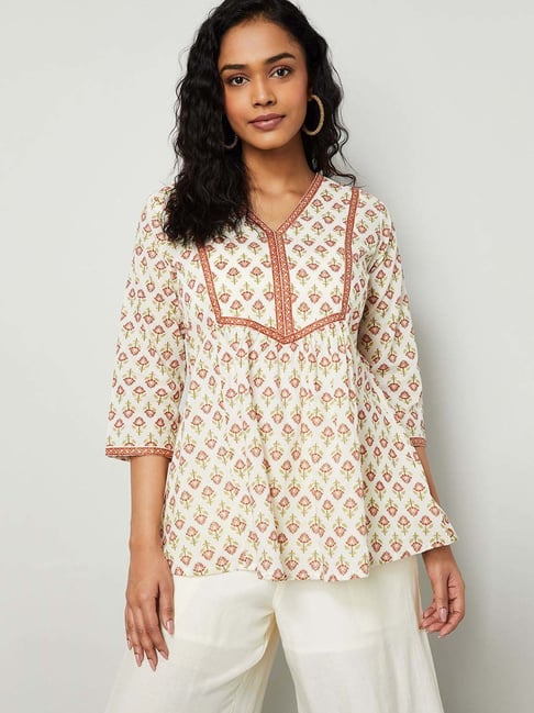 Melange By Lifestyle Beige Cotton Regular Fit Printed Top
