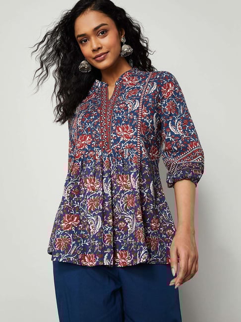 Melange By Lifestyle Indigo Cotton Regular Fit Printed Top