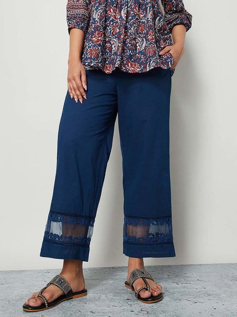 Melange By Lifestyle Indigo Cotton Regular Fit Embroidered Trousers-picture-13