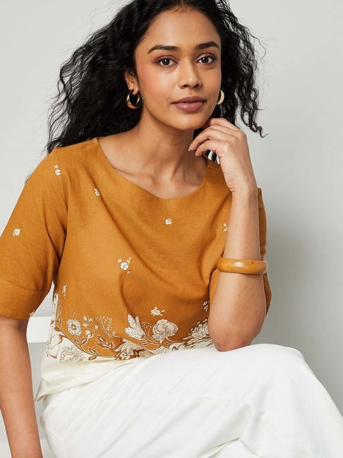 Colour Me By Melange Mustard Regular Fit Printed Top