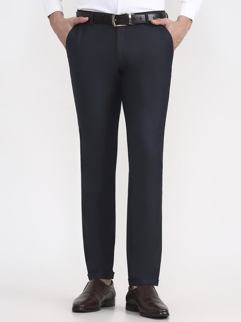 Jb Studio Navy Blue Viscose Slim Fit Trousers