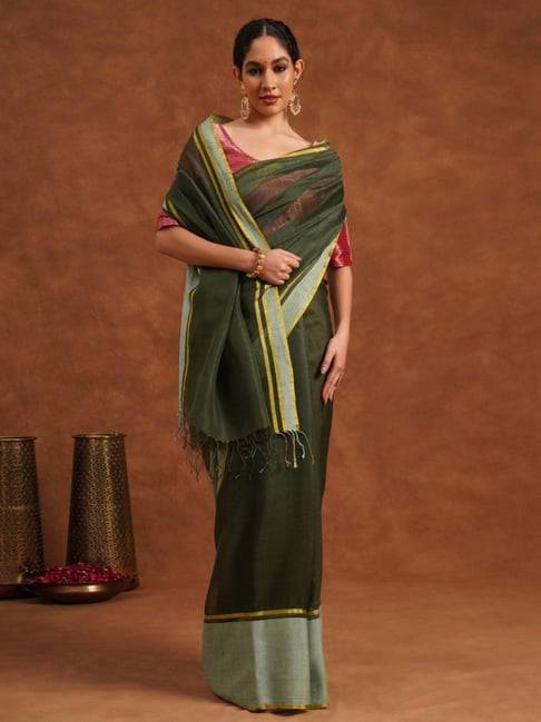 Jaypore Green Hand Woven Saree with Blouse-image-16