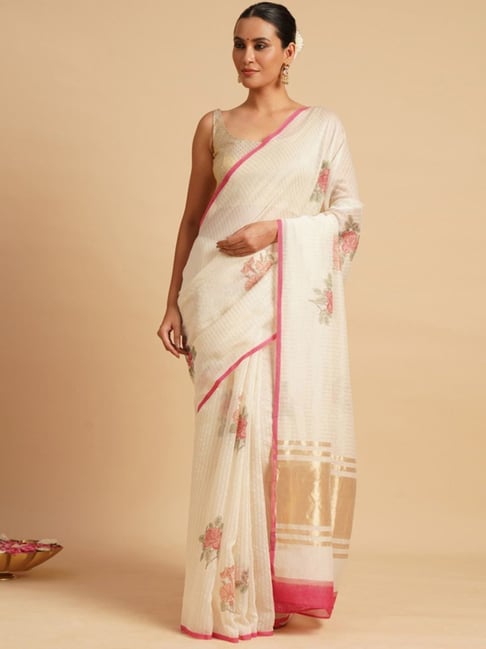 Jaypore White Block Print Saree with Blouse-picture-42