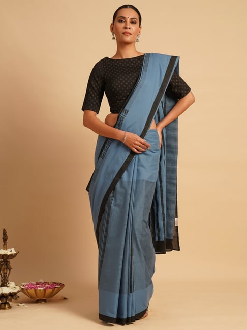 Jaypore Blue Block Print Saree with Blouse-picture-11