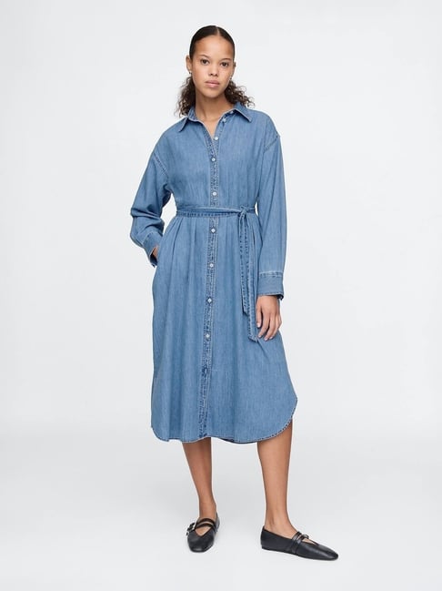 GAP Blue Cotton Solid Long Sleeves Dress