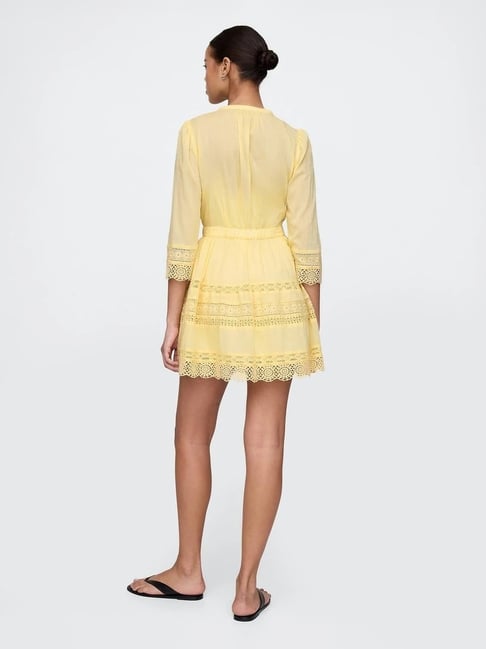 GAP Yellow Cotton Embroidered Three-Quarter Sleeves Dress