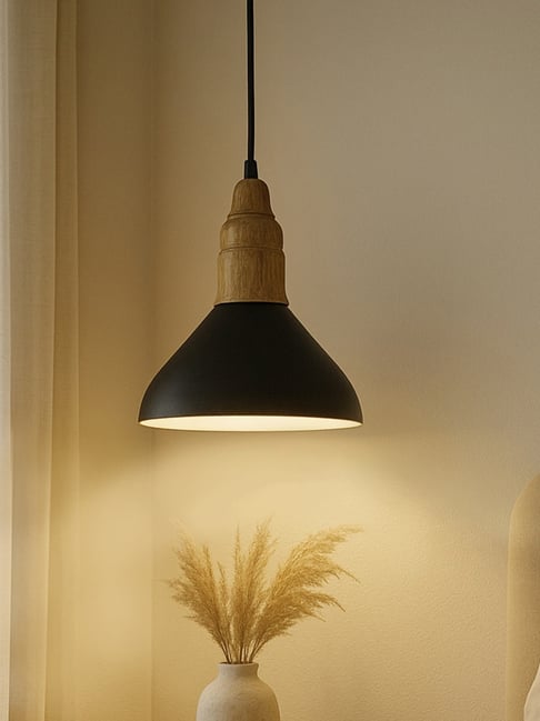 Homesake Black Metal Vanora Wooden Top Step Pendant Light