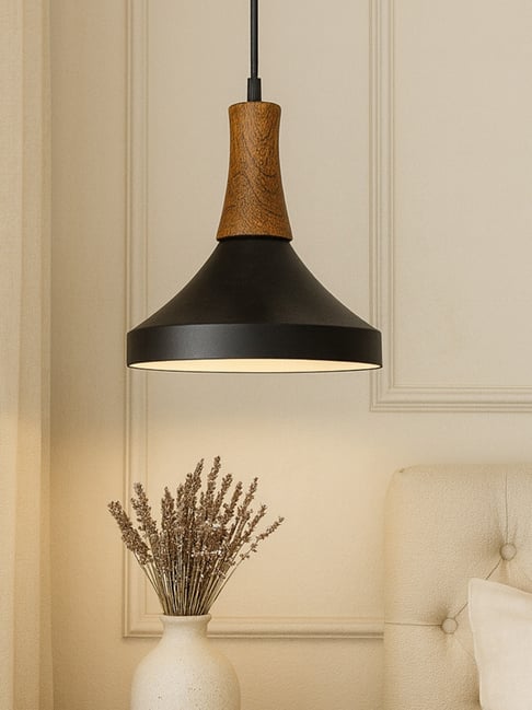 Homesake Black Metal Vanora Wooden Top Pyramid Pendant Light