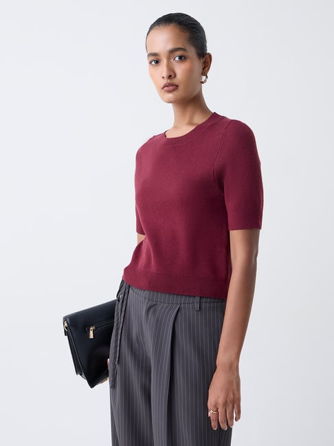 Wardrobe by Westside Burgundy Solid Sweater