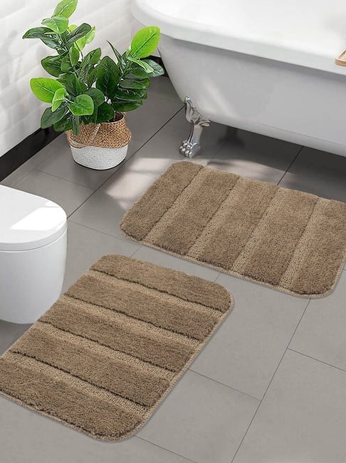 Saral Home Taupe Microfibre Stripes Antiskid Bath Mat - Set of 2