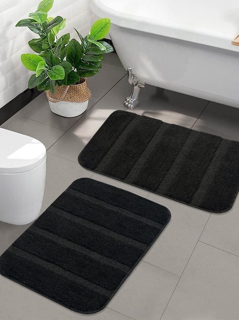 Saral Home Black Microfibre Stripes Antiskid Bath Mat - Set of 2
