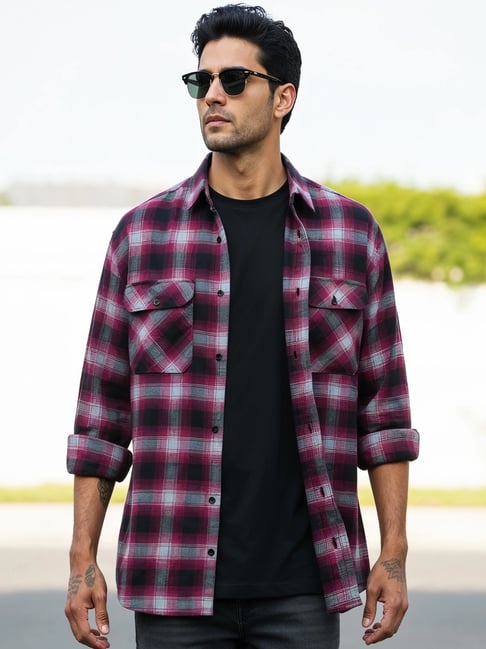 Bewakoof Men's Burgundy & Grey Checked Oversized Shirt