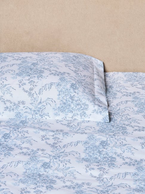 Westside Home Dusty Blue Floral Design Queen Bed Sheet Set