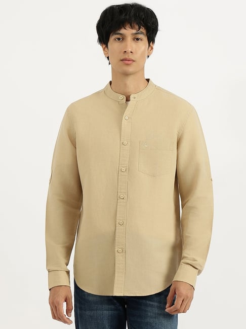 United Colors of Benetton Beige Regular Fit Band Collar Solid Shirt