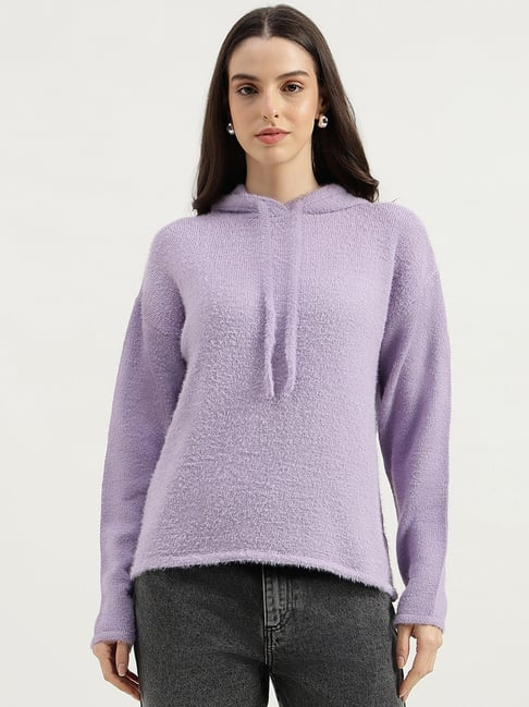 United Colors of Benetton Purple Hooded Neck Solid Sweater