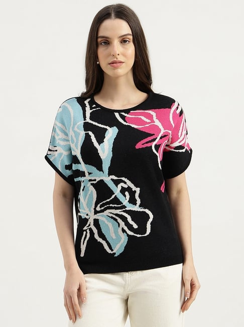 United Colors of Benetton Black Round Neck Abstract Knitted Top