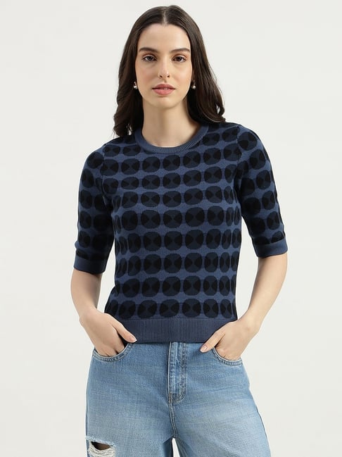 United Colors of Benetton Blue Round Neck Geometric Print Knitted Top