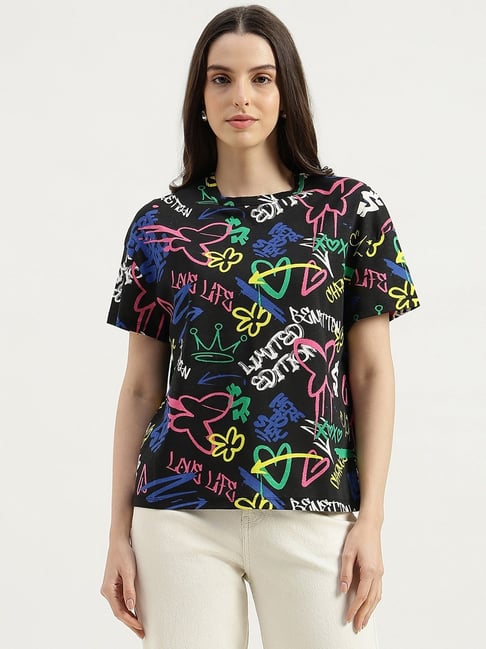 United Colors of Benetton Black Round Neck Graffiti Print T-Shirt