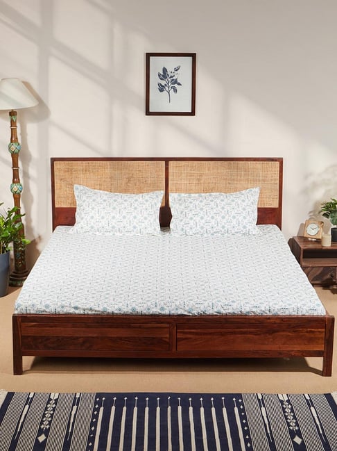Fabindia Teal Printed Cotton Bed Sheet with Pillow Cover-picture-13