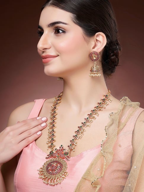 Karatcart Red & Green Traditional South Indian Style Peacock Temple Necklace Set for Women