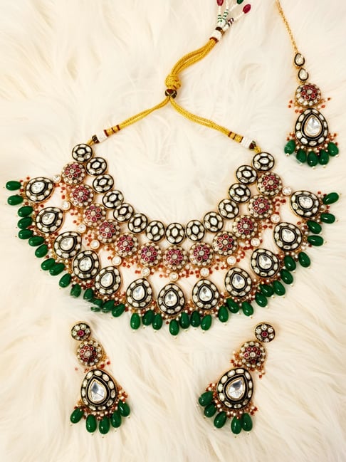 Karatcart Red & Green Kundan Handcrafted Bridal Necklace Set for Women
