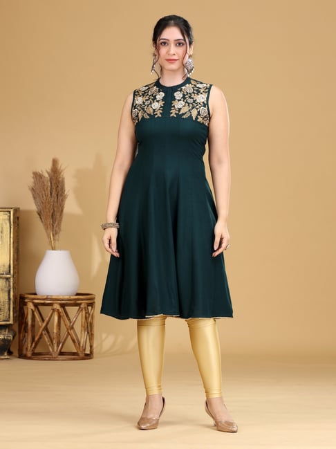 Cotton Culture Bottle Green Rayon Embroidered Sleeveless A-Line Dress