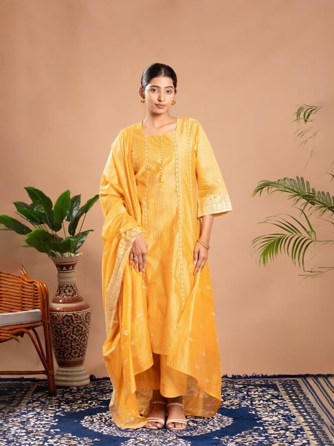 cotton culture dress Cotton Culture White Chanderi Floral Three-Quarter Sleeves Kurta With Pant And Dupatta