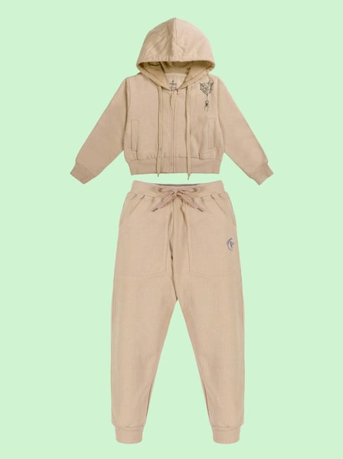 Kiddopanti Girls Beige Regular Fit Printed Sweatshirt with Trackpants