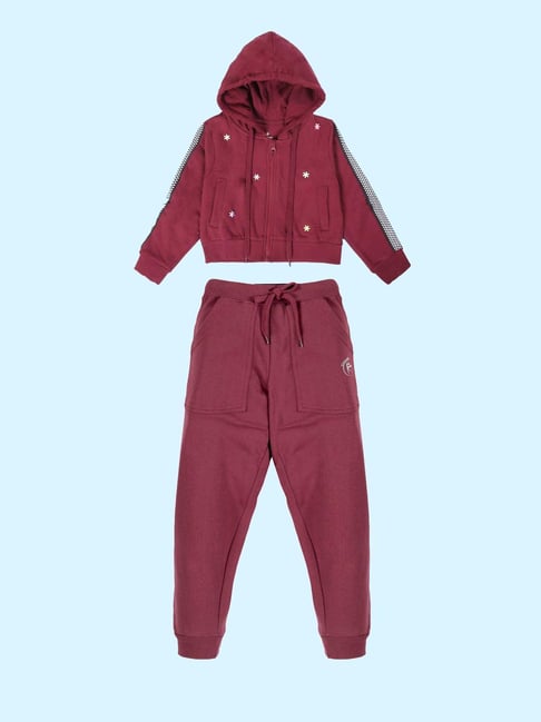 Kiddopanti Girls Maroon Regular Fit Printed Sweatshirt with Trackpants