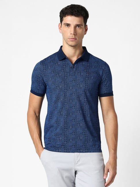 Van Heusen Blue Cotton Regular Fit Printed T-Shirt