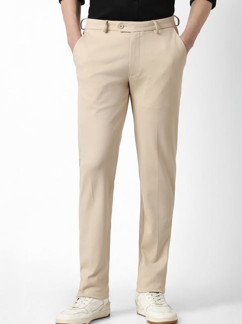 Peter England Beige Slim Fit Formal Trousers