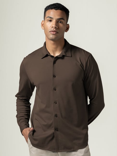 Damensch Cotton Coffee Brown Regular Fit Solid Casual Shirt